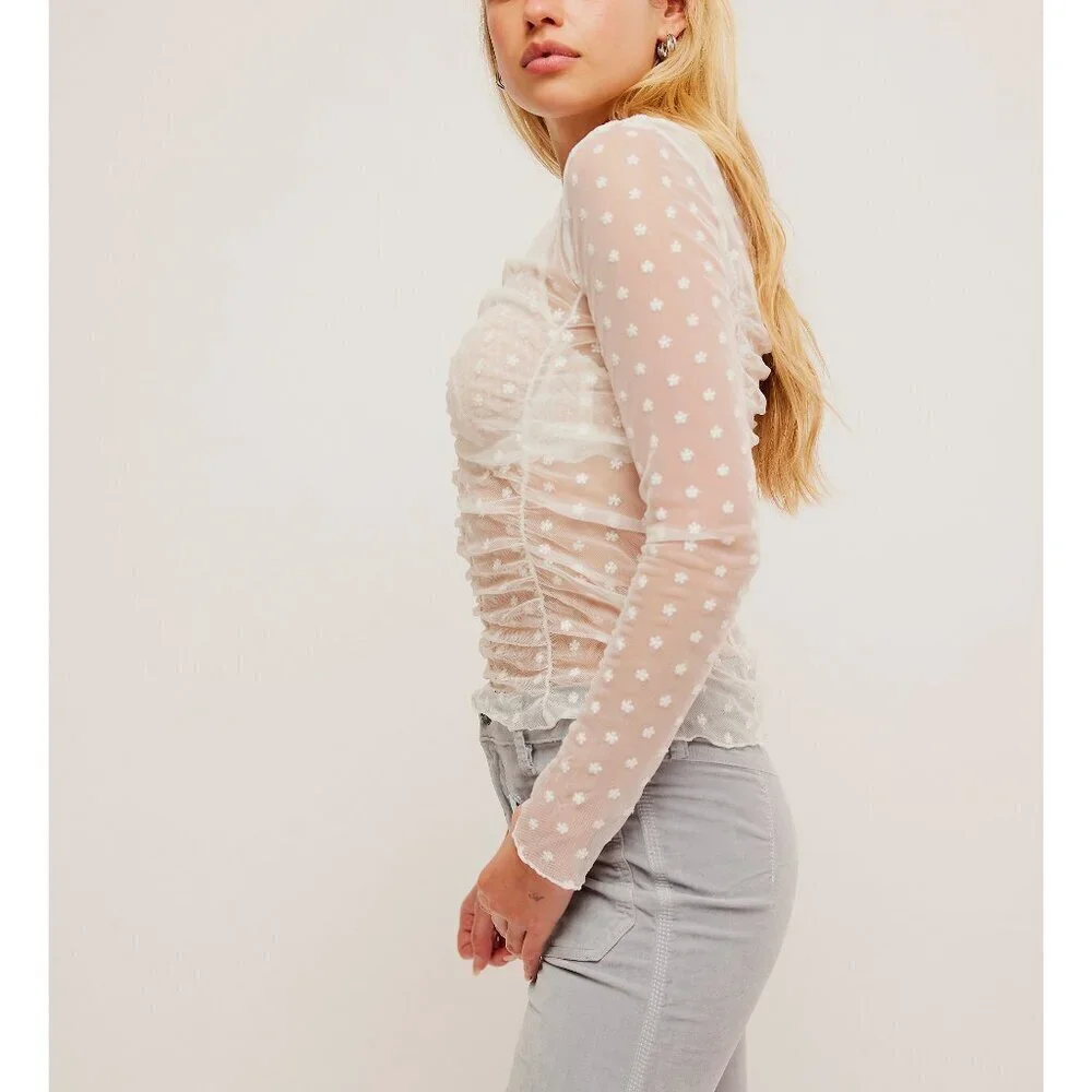 Free People Sheer Ivory Polka Dot Most Likely Layering Top
